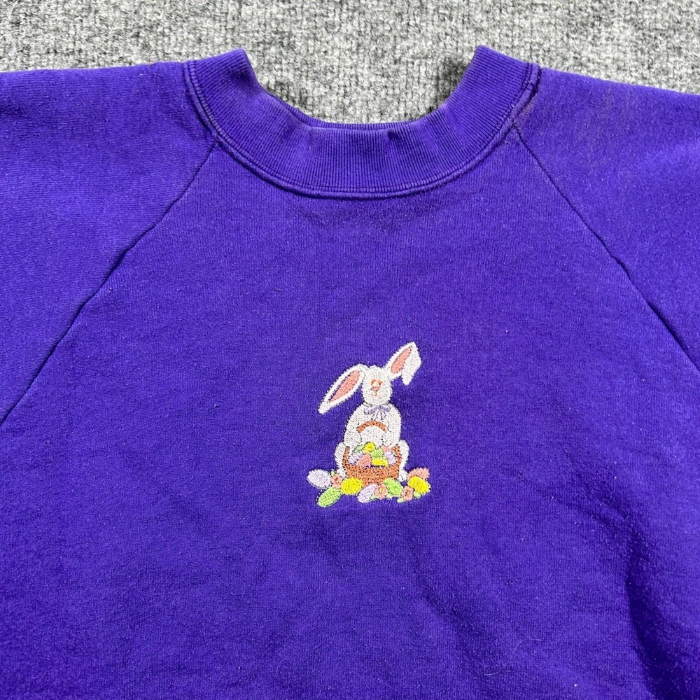 Fruit of the Loom Sweatshirt Womens XL Purple Vintage Easter Bunny USA Made Flaw